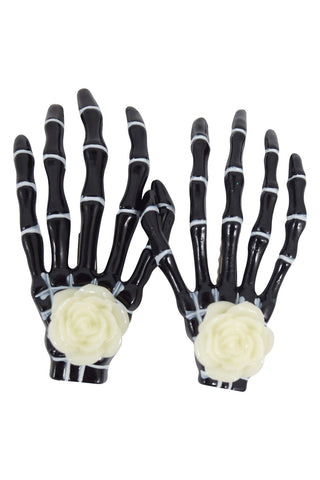 Accessories Black/white rose Goth Loli Spooky Cute Skeleton Hands with Rose Hair Clip - set of 2