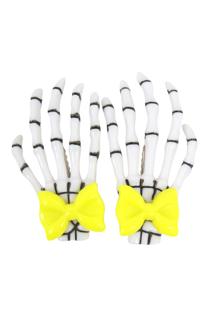 Accessories White/hot.pink Goth Loli Spooky Cute Skeleton Hands with Yellow bow Hair Clip - set of 2