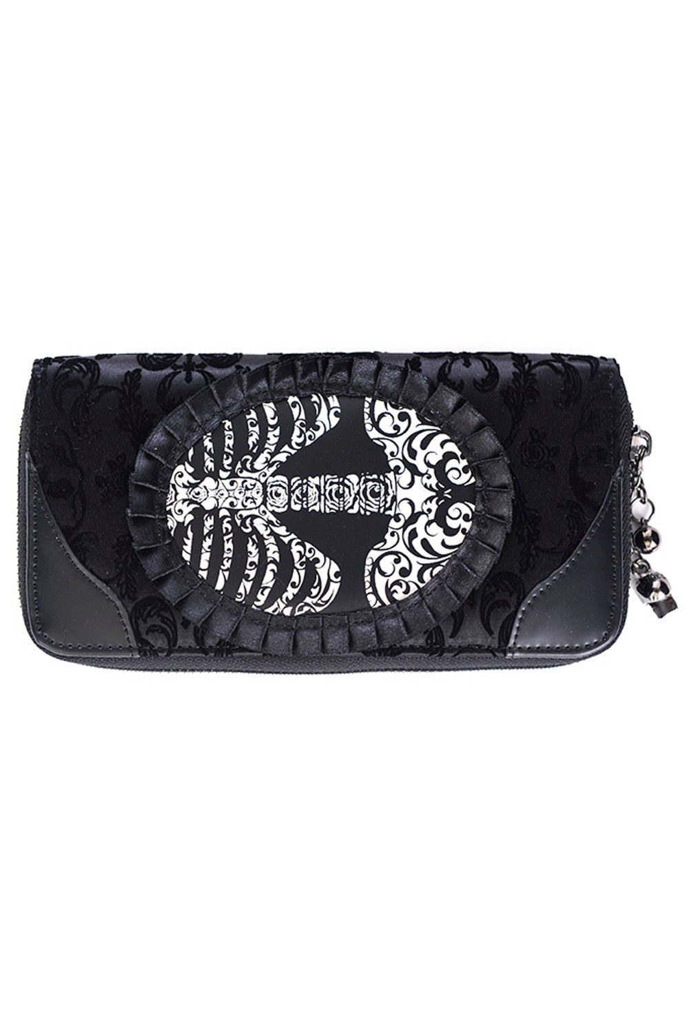 Accessories Black Goth Steampunk Flocked Ribcage Skeleton Cameo Zip Around Wallet