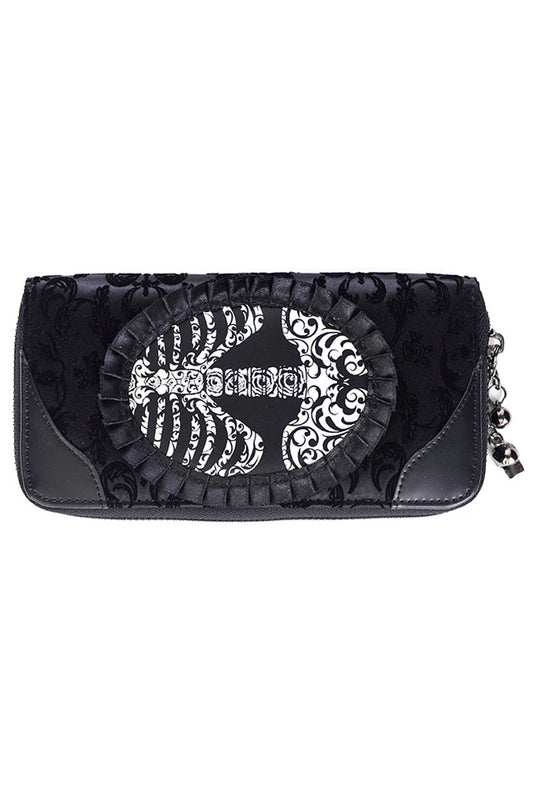 Accessories Black Goth Steampunk Flocked Ribcage Skeleton Cameo Zip Around Wallet