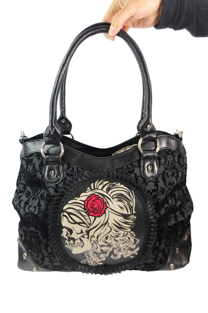 Accessories Black Gothic Flocked Skull Cameo Skull Lady Rose Black Handbag