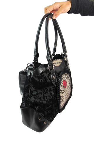 Gothic Flocked Skull Cameo Skull Lady Rose Black Handbag Skelapparel