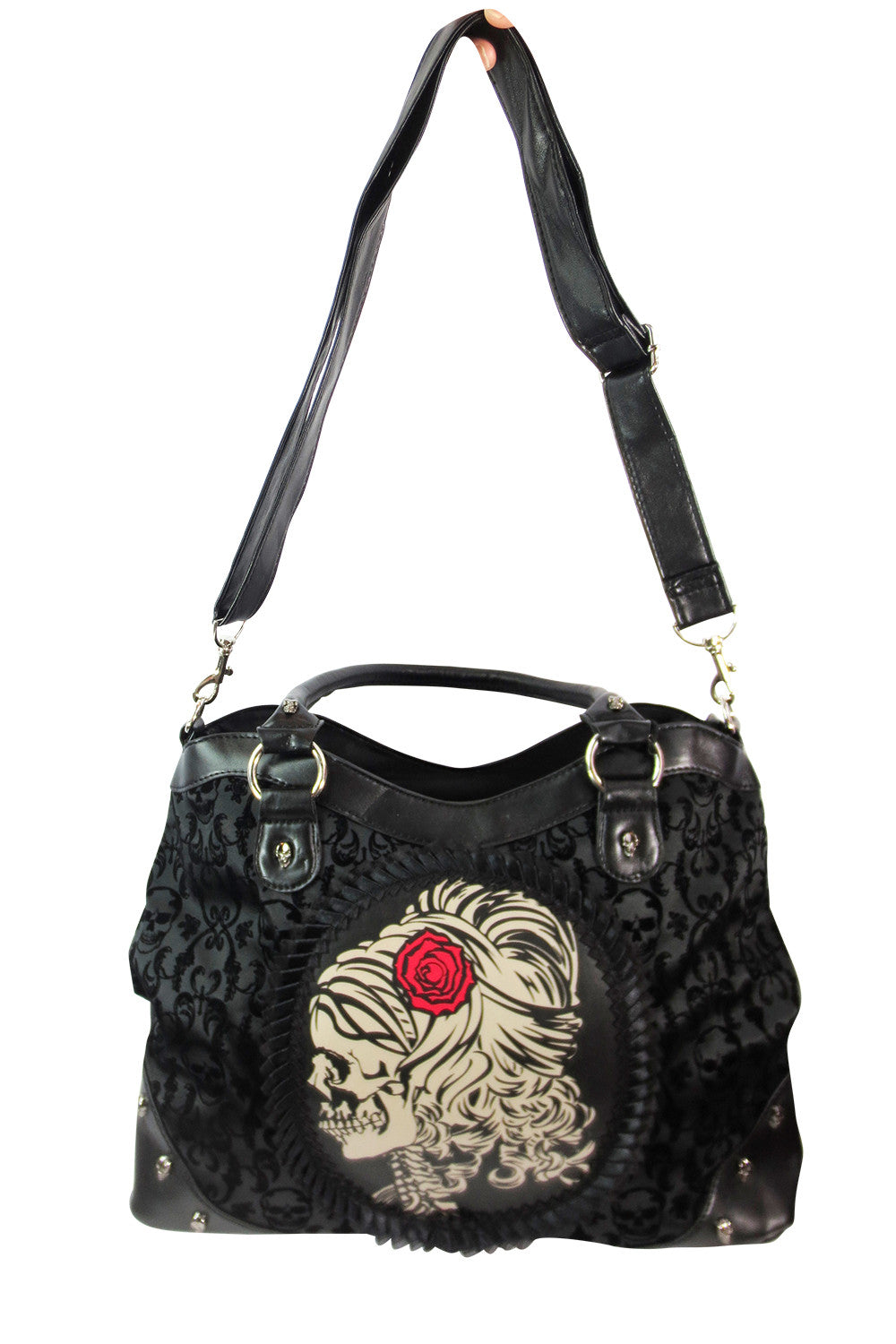 Accessories Black Gothic Flocked Skull Cameo Skull Lady Rose Black Handbag