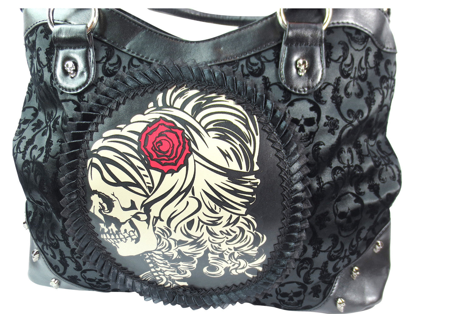 Accessories Black Gothic Flocked Skull Cameo Skull Lady Rose Black Handbag