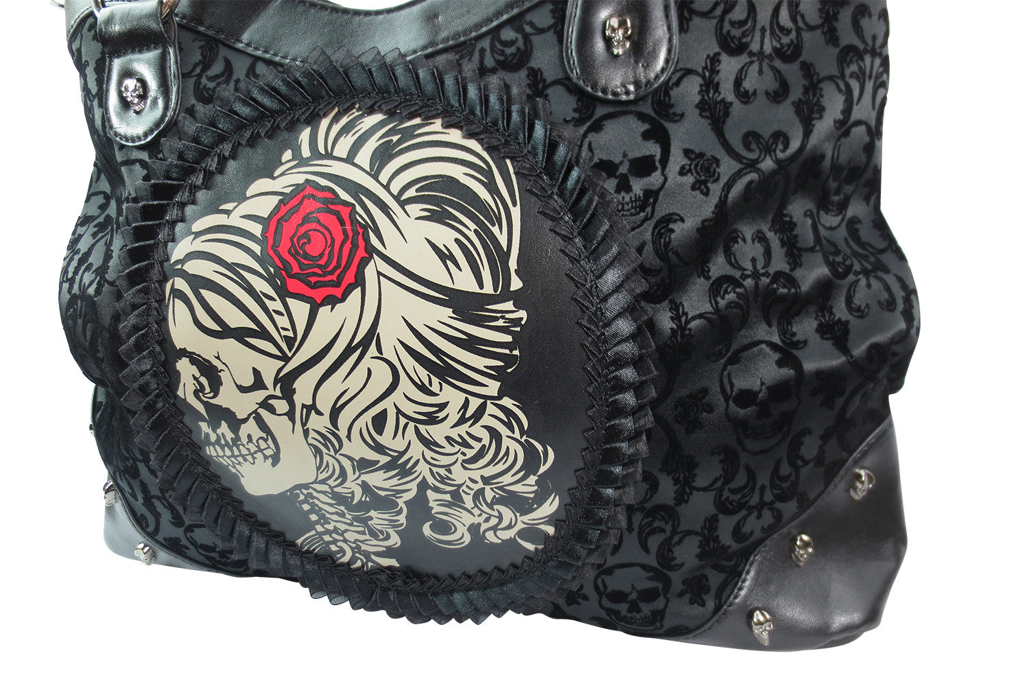 Accessories Black Gothic Flocked Skull Cameo Skull Lady Rose Black Handbag