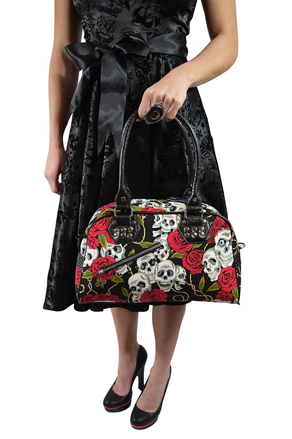 Accessories Lost Queen Alternative Gothic Valentine Skull & Roses Tattoo Handbag