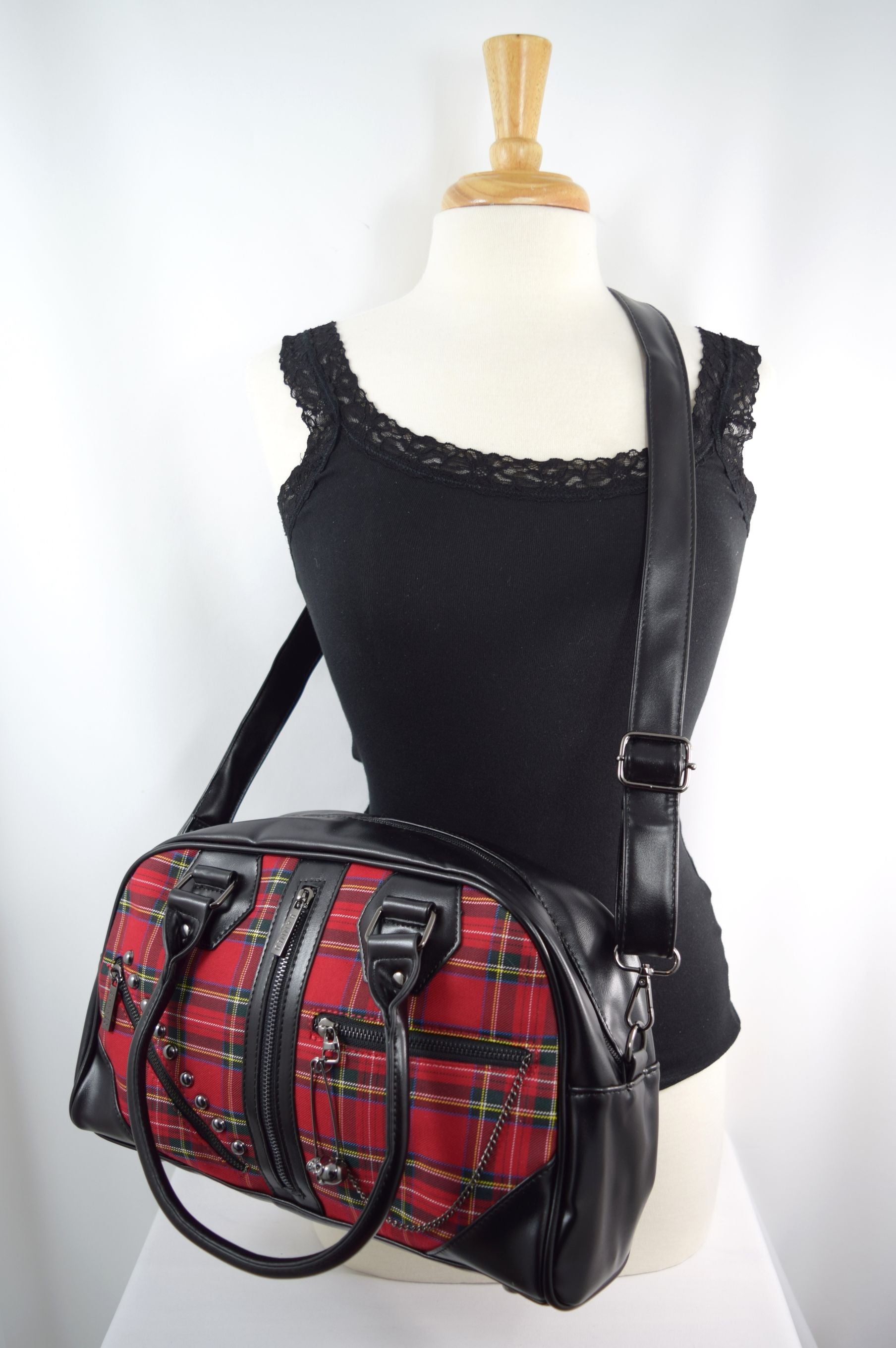 Accessories Lost Queen Punk Rock Red Tartan Plaid Bowler Bag