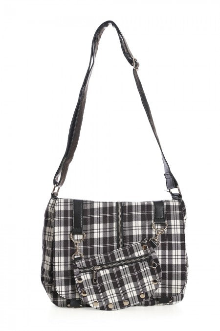 Accessories Black Lost Queen Punk Rock Studded Black White Tartan Plaid Crossbody Purse with Zippers with Skull