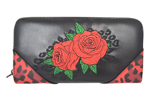 Accessories Lost Queen Rockabilly Rose Red Leopard Print Zip Around Wallet