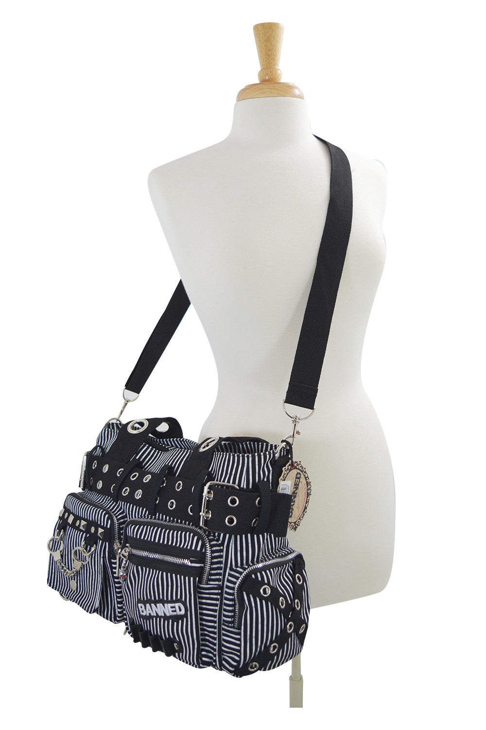 Accessories White Lost Queen Striped Canvas Tote Bag with Handcuff Skull Charm