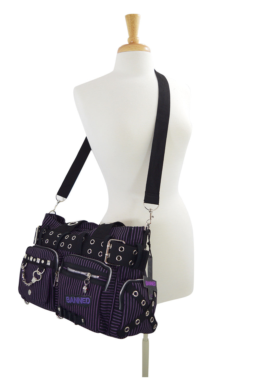 Accessories Purple Lost Queen Striped Canvas Tote Bag with Handcuff Skull Charm