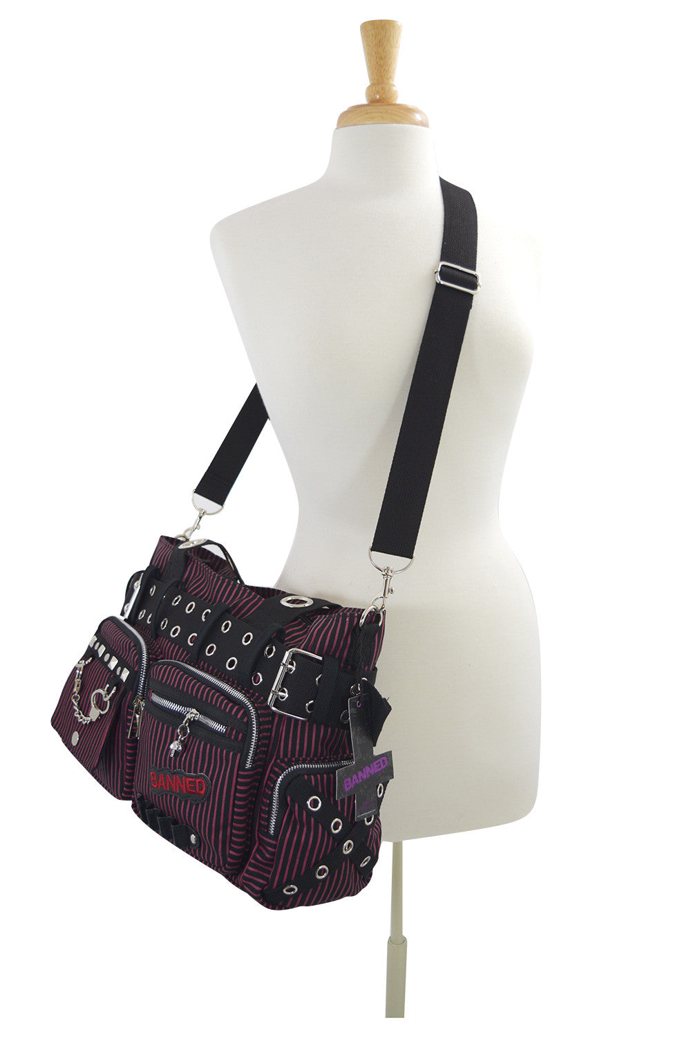 Accessories Red Lost Queen Striped Canvas Tote Bag with Handcuff Skull Charm