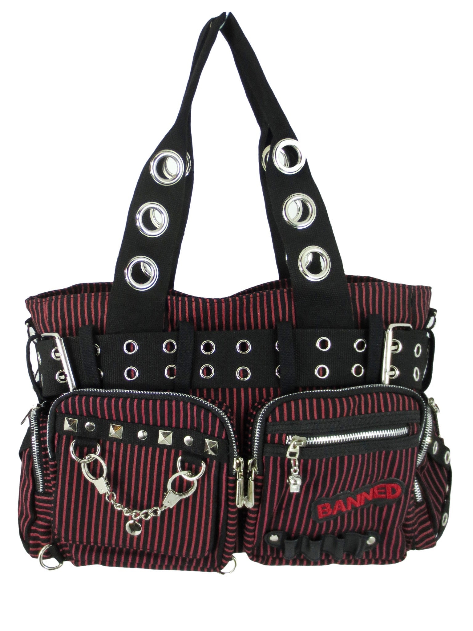 Accessories Lost Queen Striped Canvas Tote Bag with Handcuff Skull Charm