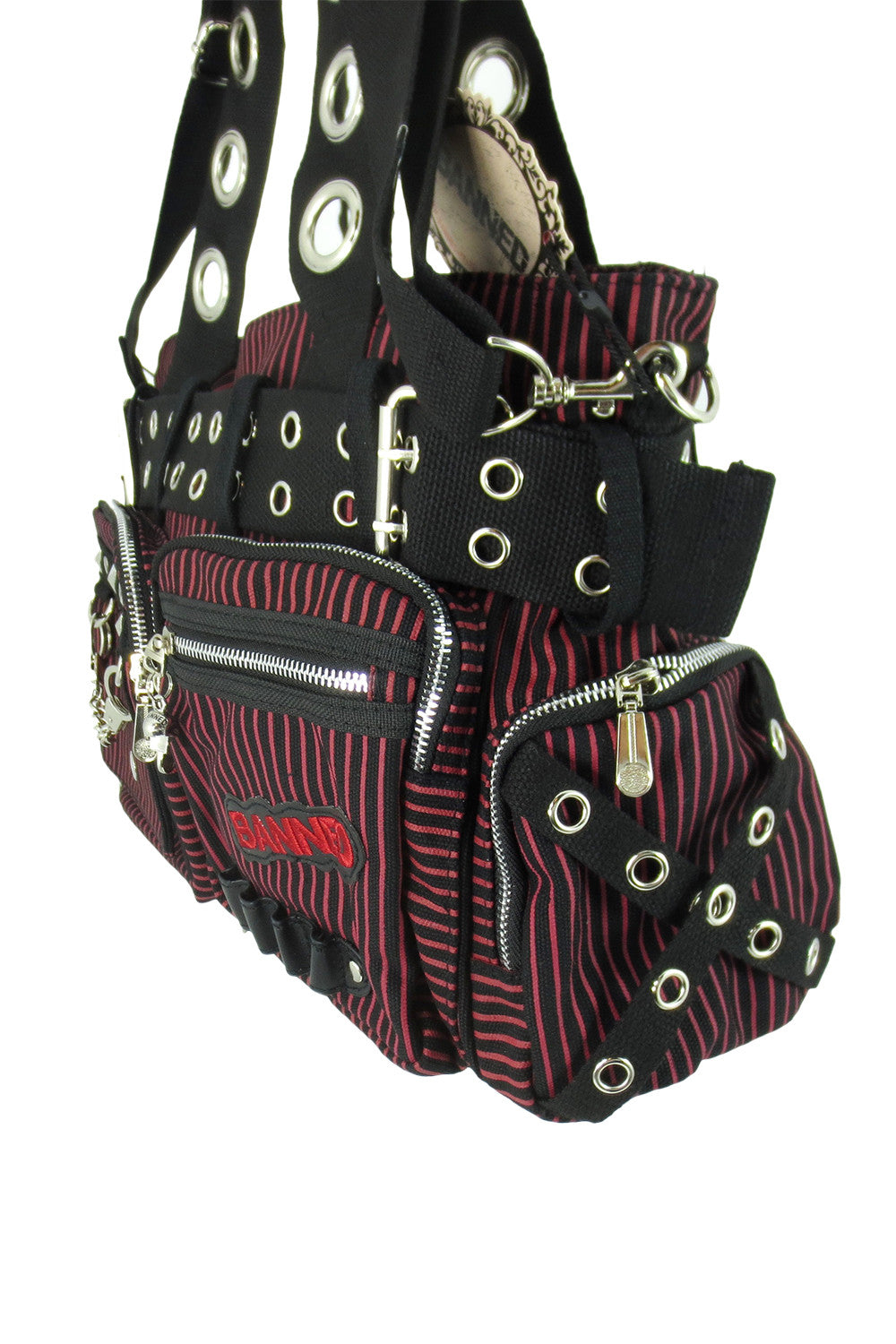 Accessories Lost Queen Striped Canvas Tote Bag with Handcuff Skull Charm