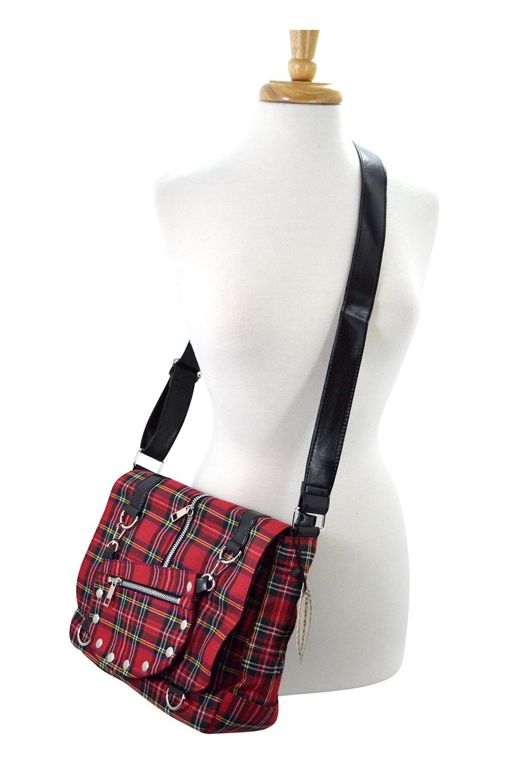 Accessories Red Punk Rock Studded Red Tartan Plaid Crossbody Purse with Zippers with Skull