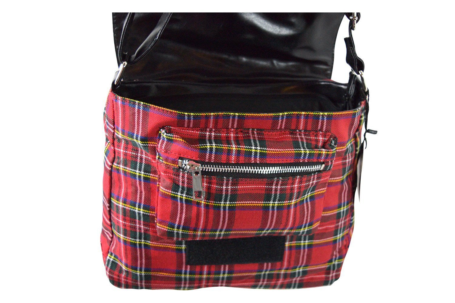 Accessories Red Punk Rock Studded Red Tartan Plaid Crossbody Purse with Zippers with Skull