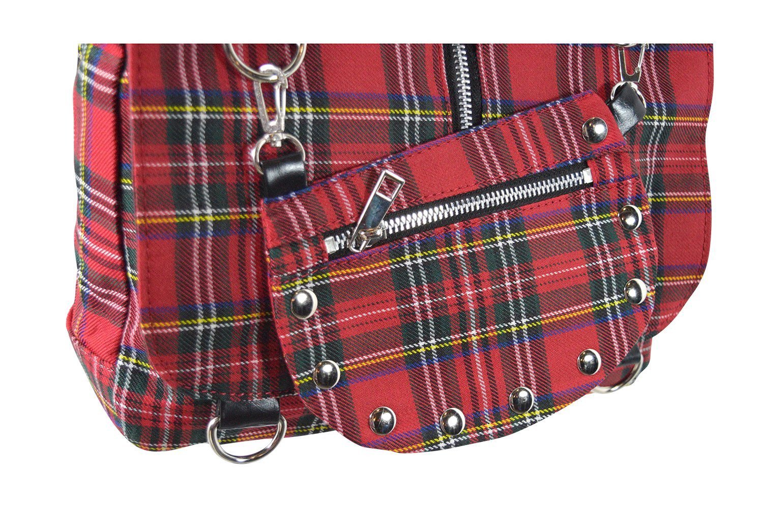 Accessories Red Punk Rock Studded Red Tartan Plaid Crossbody Purse with Zippers with Skull
