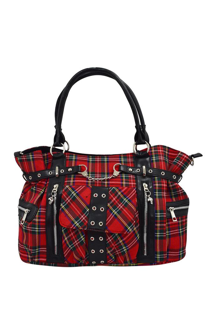 Accessories Red Red Tartan Plaid Punk Rock Purse with Handcuff Skull Charm