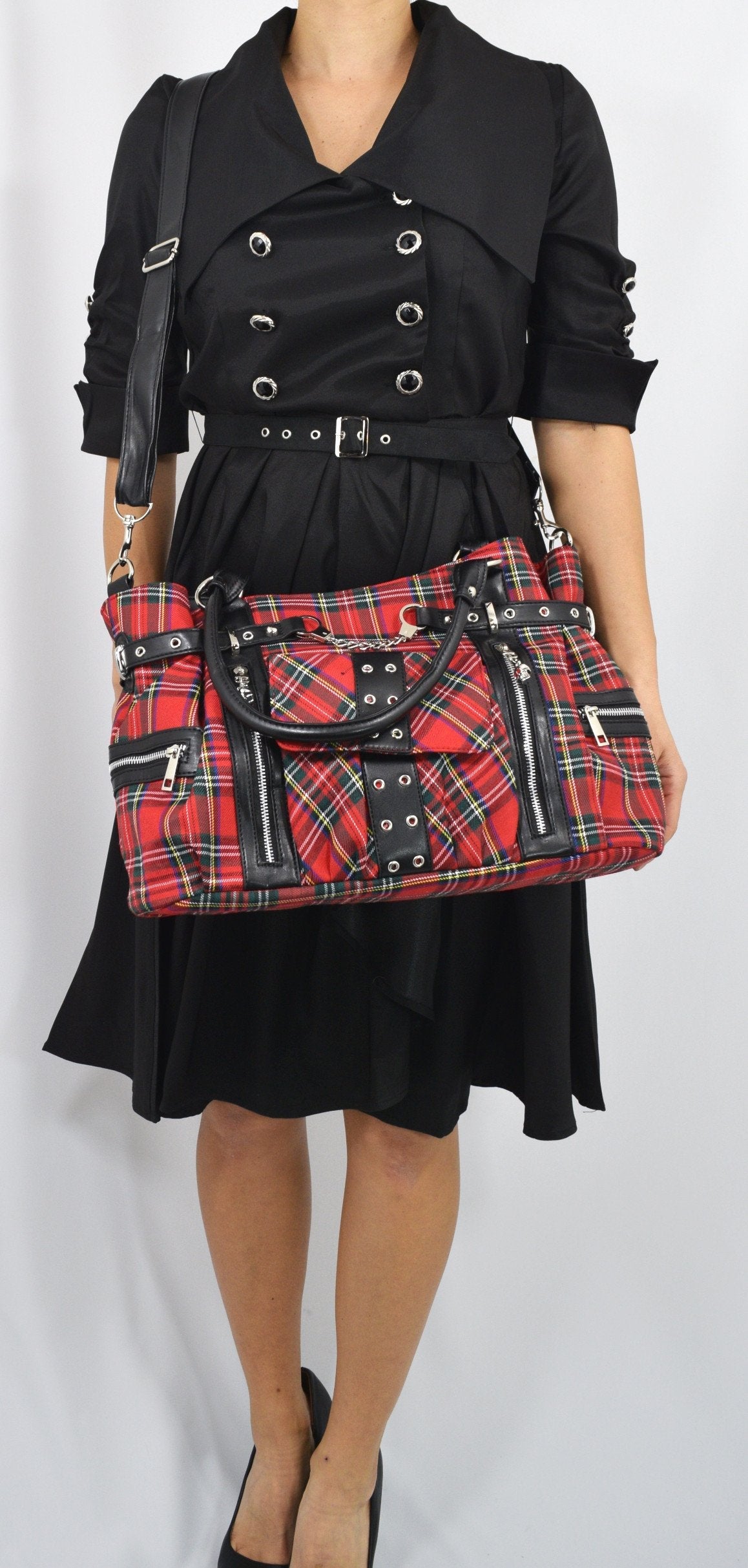 Accessories Red Red Tartan Plaid Punk Rock Purse with Handcuff Skull Charm