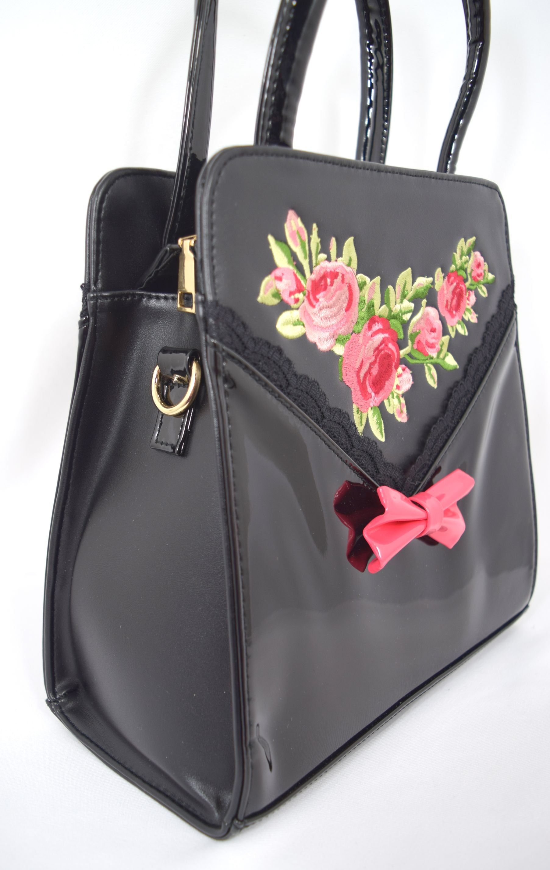 Accessories Retro Vintage English Rose Handbag with Bow - Black