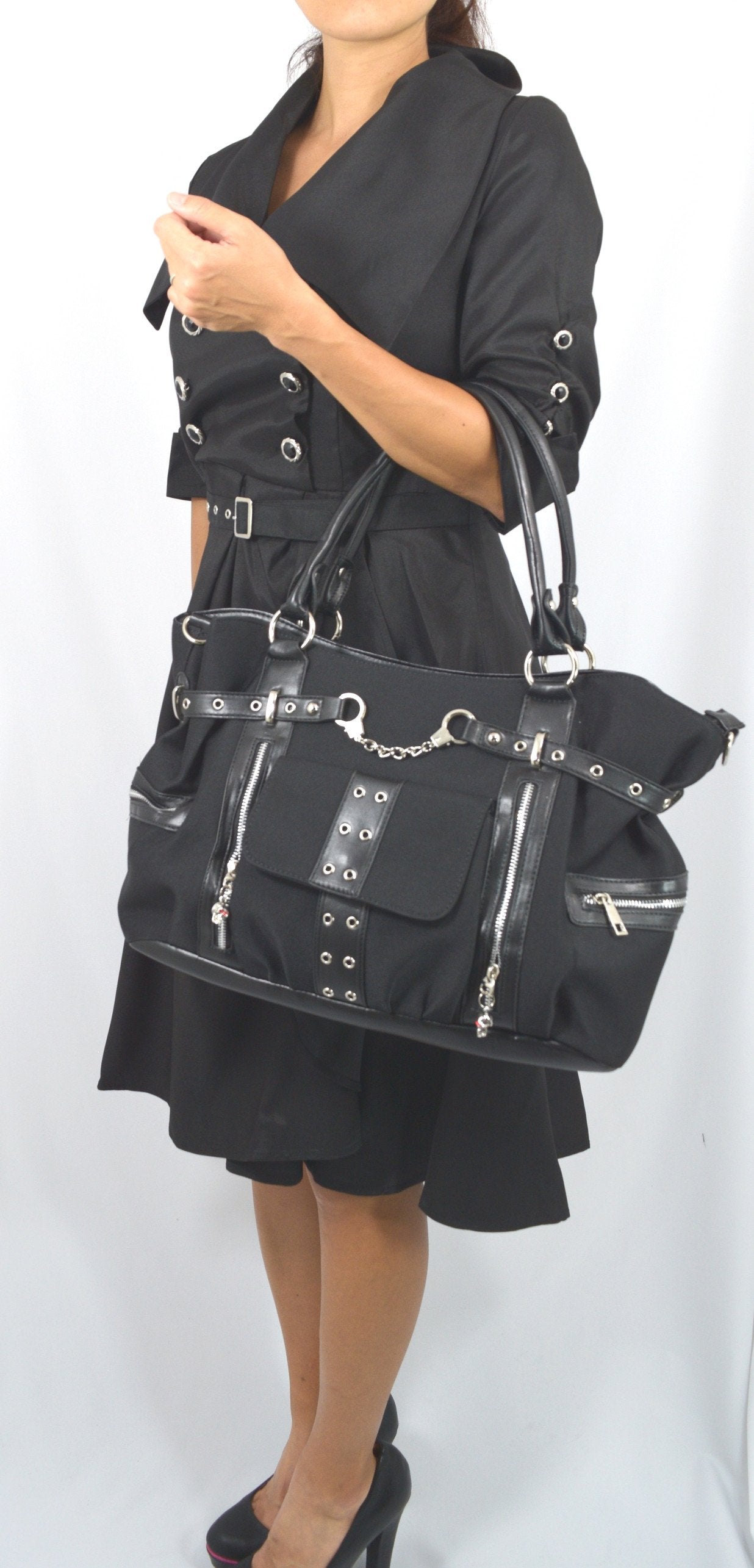 Accessories Rise Up Handcuff Goth Punk Rock Black Tote Crossbody Bag Purse
