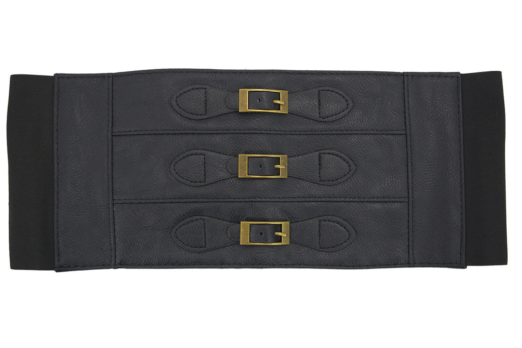 Accessories Rockabilly Black Cyber Steampunk Triple Buckle Wide Elastic Belt Waistband Cinch