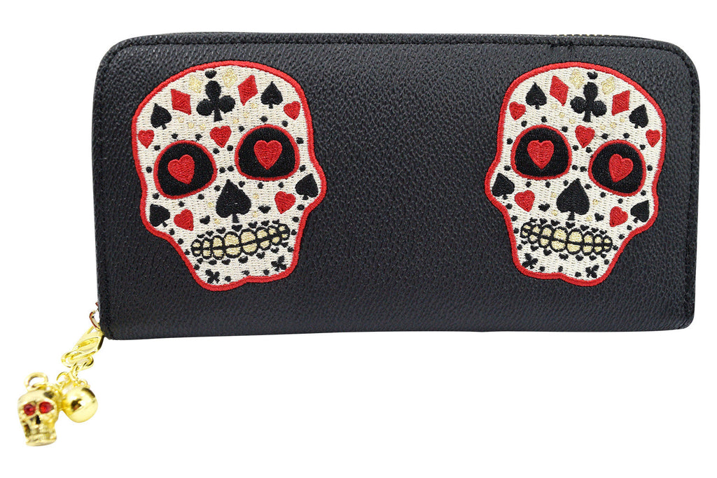 Accessories black Rockabilly Deck of Cards Skull Embroidered Zip Around Wallet