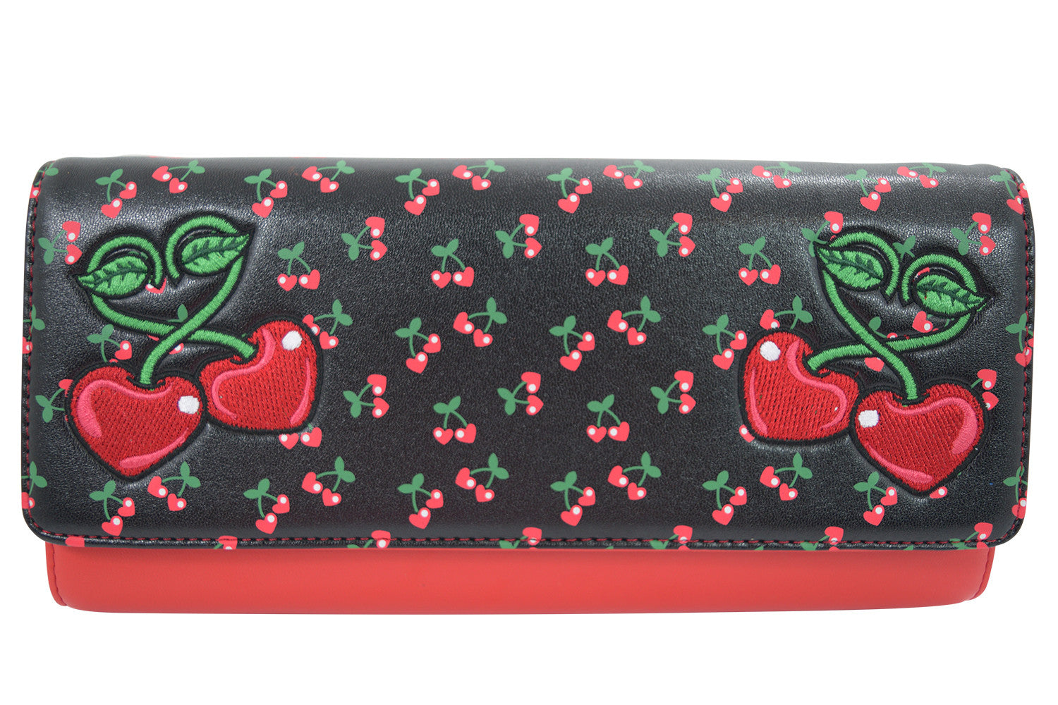 Accessories Black Rockabilly Pin-Up Cherry Love Large Clutch Wallet Crossbody Purse