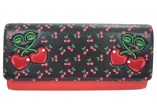 Accessories Black Rockabilly Pin-Up Cherry Love Large Clutch Wallet Crossbody Purse