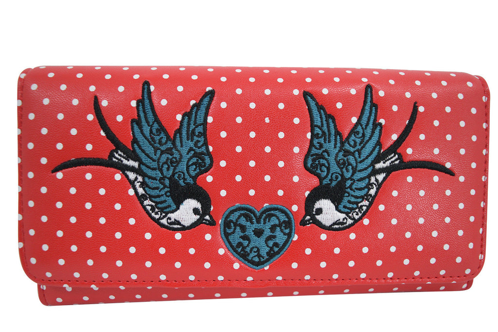 Accessories Red Swallow Bird Tattoo & Heart Polka Dot embroidery Bi-fold Wallet