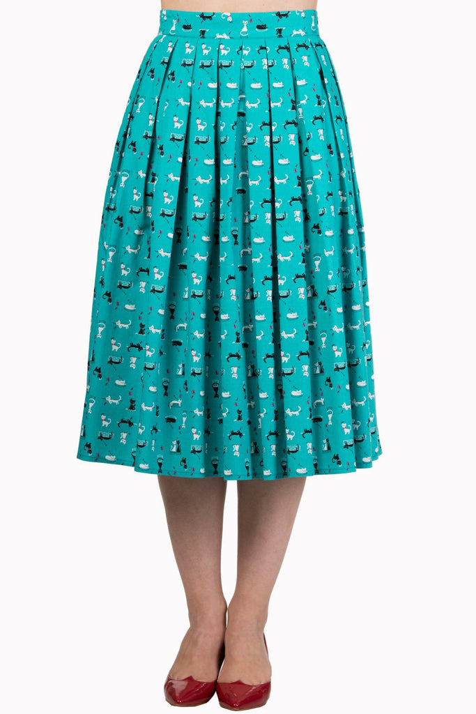 Bottoms 60's Retro Kitty Love Vintage Kitty cat Print Pleated midi skirt - Teal Green