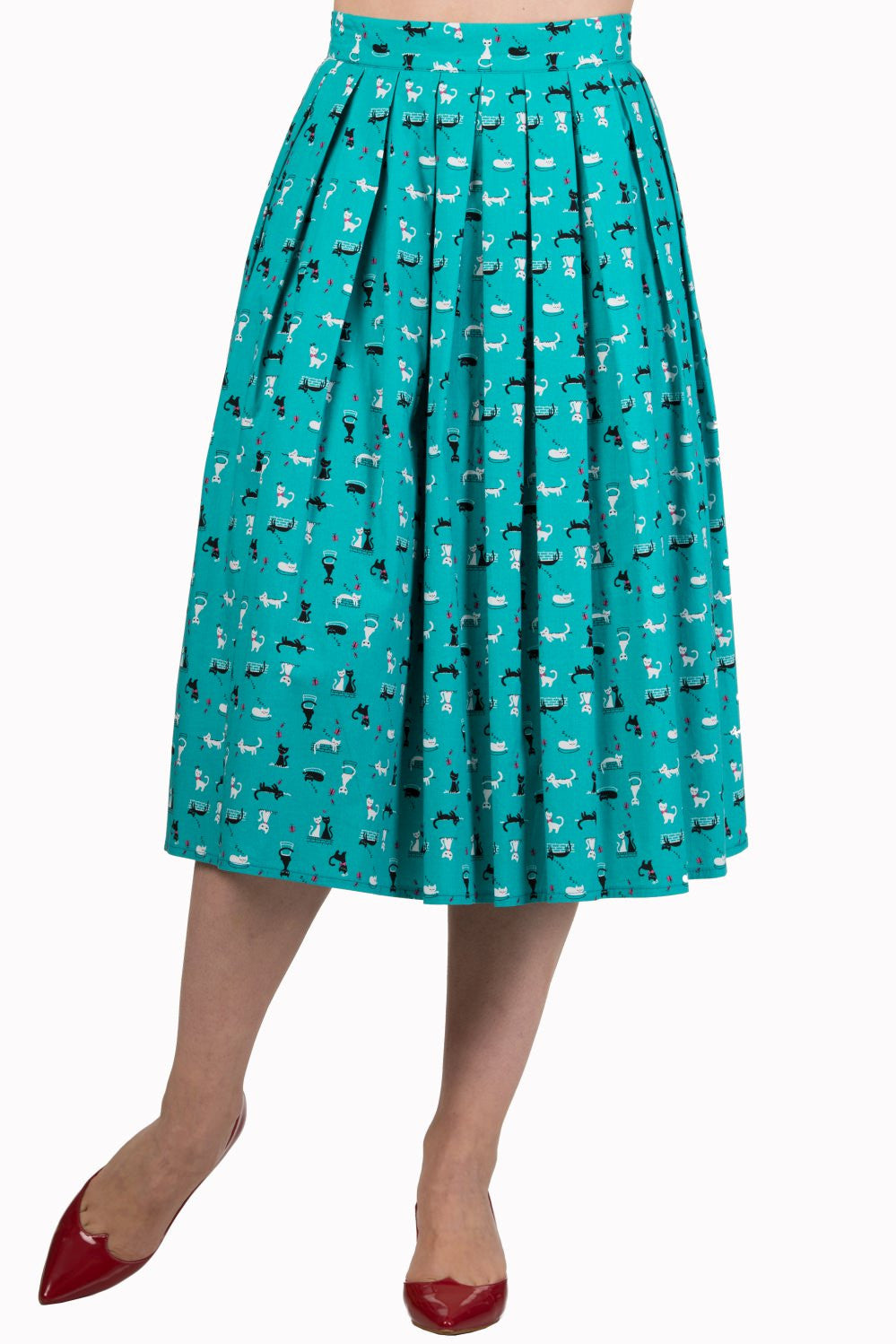 Bottoms 60's Retro Kitty Love Vintage Kitty cat Print Pleated midi skirt - Teal Green