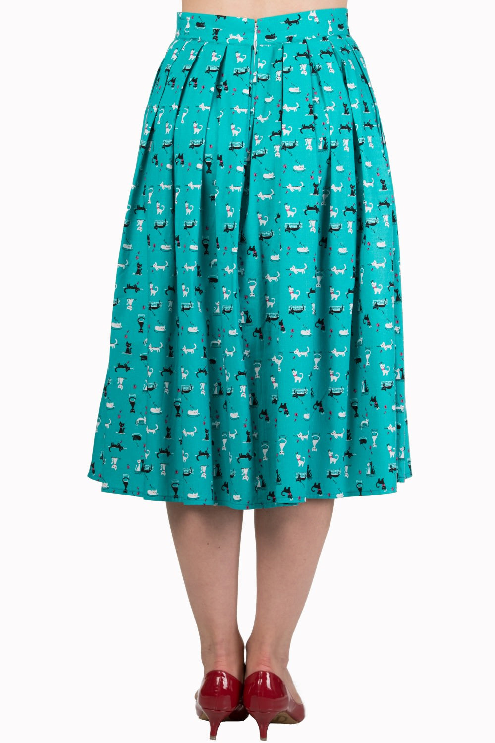 Bottoms 60's Retro Kitty Love Vintage Kitty cat Print Pleated midi skirt - Teal Green