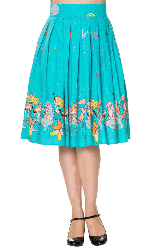 Bottoms S / Turquoise Blue 60's Retro Mermaids Vintage Mermaid Print Pleated Print midi Turquoise Blue skirt