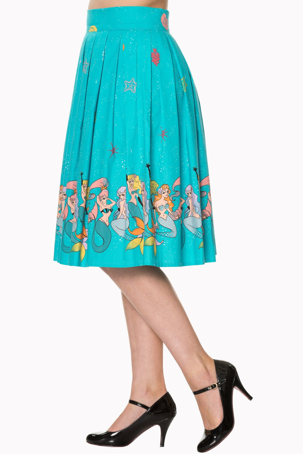 Bottoms S / Turquoise Blue 60's Retro Mermaids Vintage Mermaid Print Pleated Print midi Turquoise Blue skirt