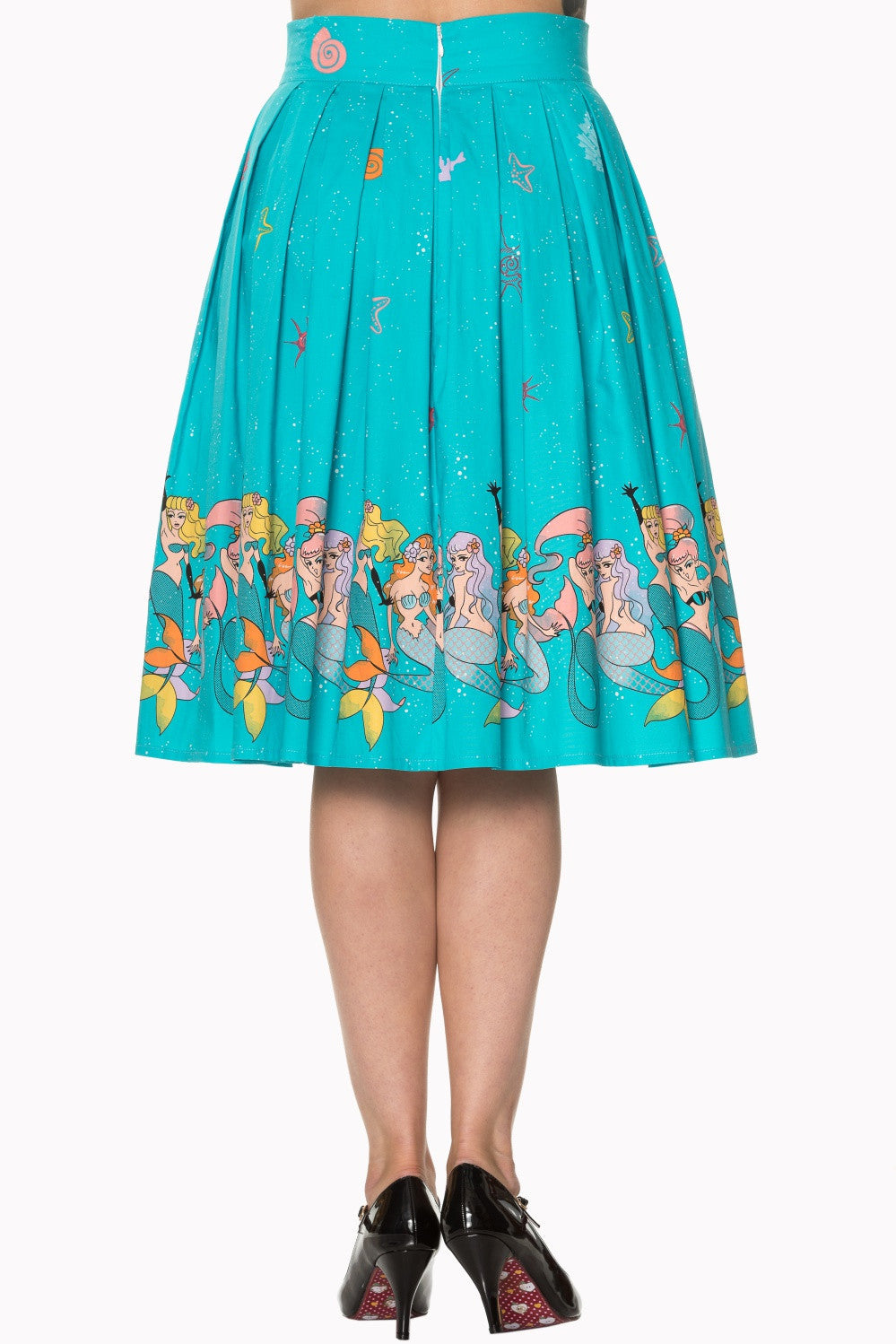 Bottoms S / Turquoise Blue 60's Retro Mermaids Vintage Mermaid Print Pleated Print midi Turquoise Blue skirt
