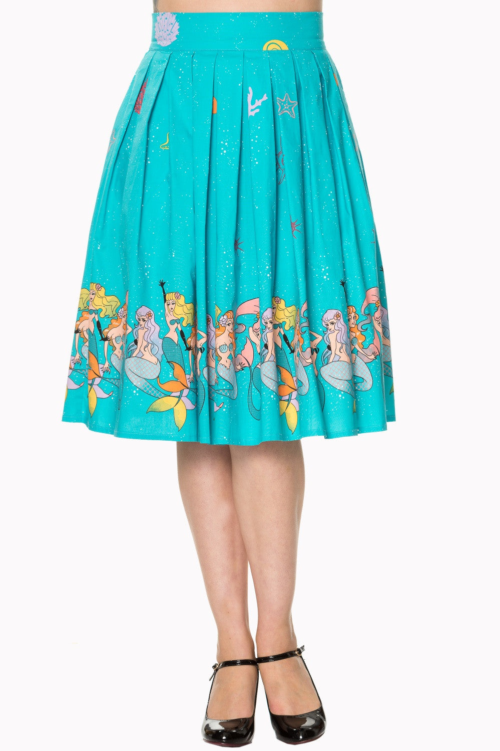 Bottoms S / Turquoise Blue 60's Retro Mermaids Vintage Mermaid Print Pleated Print midi Turquoise Blue skirt