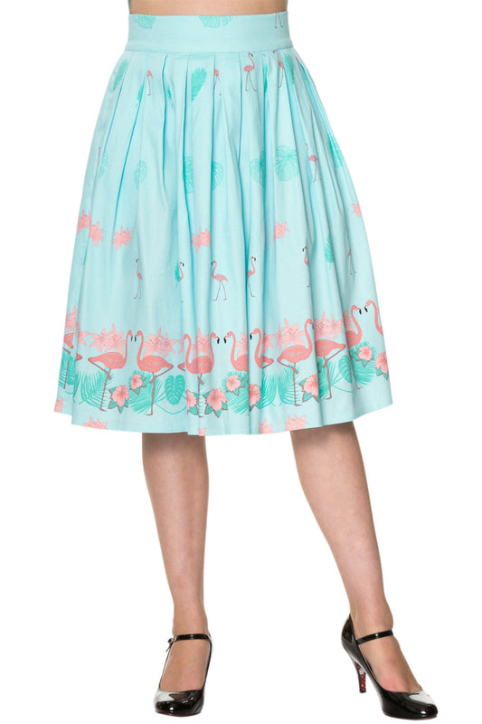 Bottoms 60's Retro Tropical Pink Flamingos Pleated A-Line Light Blue Midi skirt