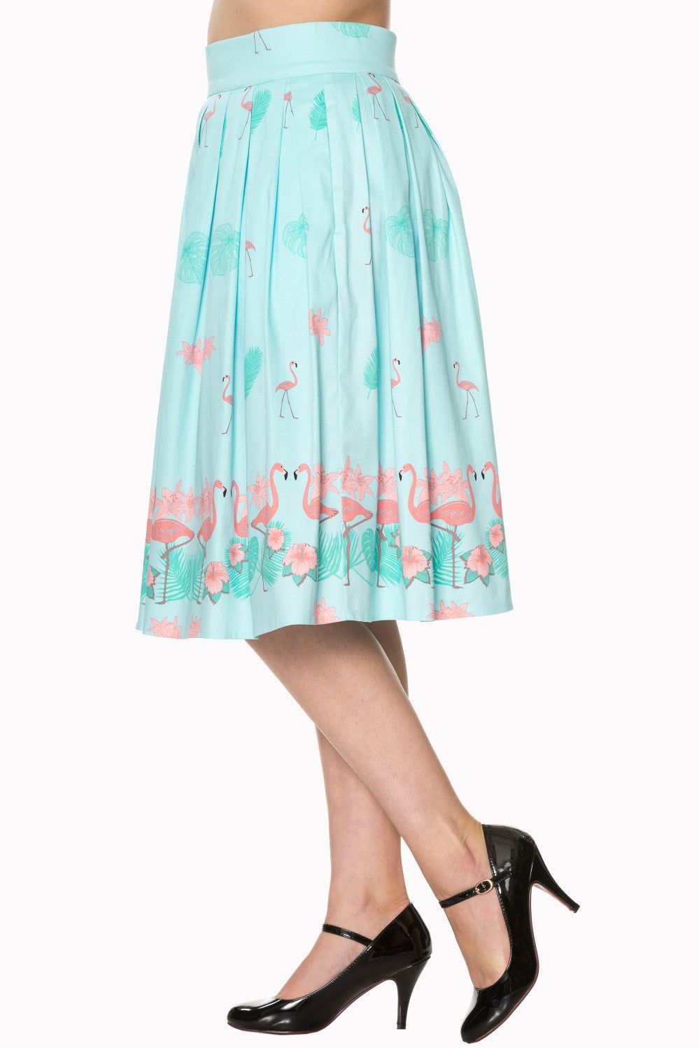 Bottoms 60's Retro Tropical Pink Flamingos Pleated A-Line Light Blue Midi skirt