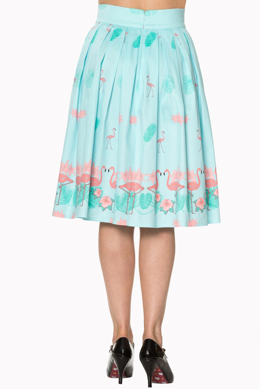 Bottoms 60's Retro Tropical Pink Flamingos Pleated A-Line Light Blue Midi skirt
