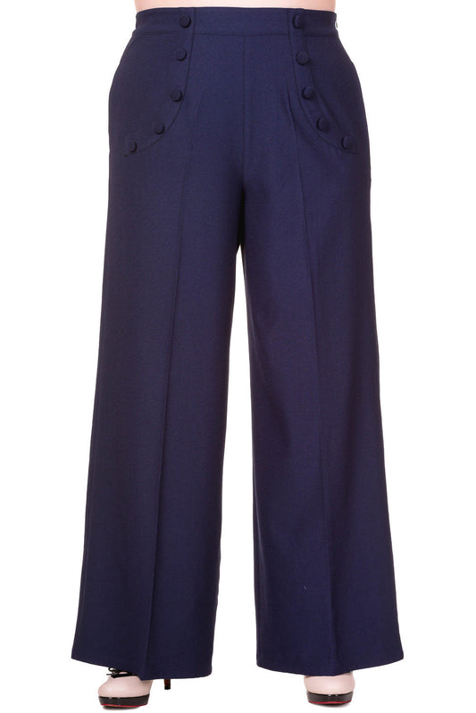 Bottoms Plus 1960s Navy High Waist Crepe Full Moon Sailor Wide Leg Pants