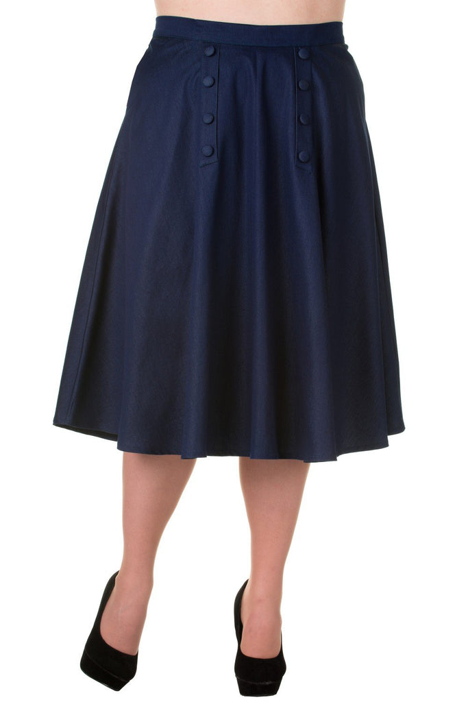 Bottoms Vintage Style High Waist Denim Double Button Panel A Line Midi Skirt