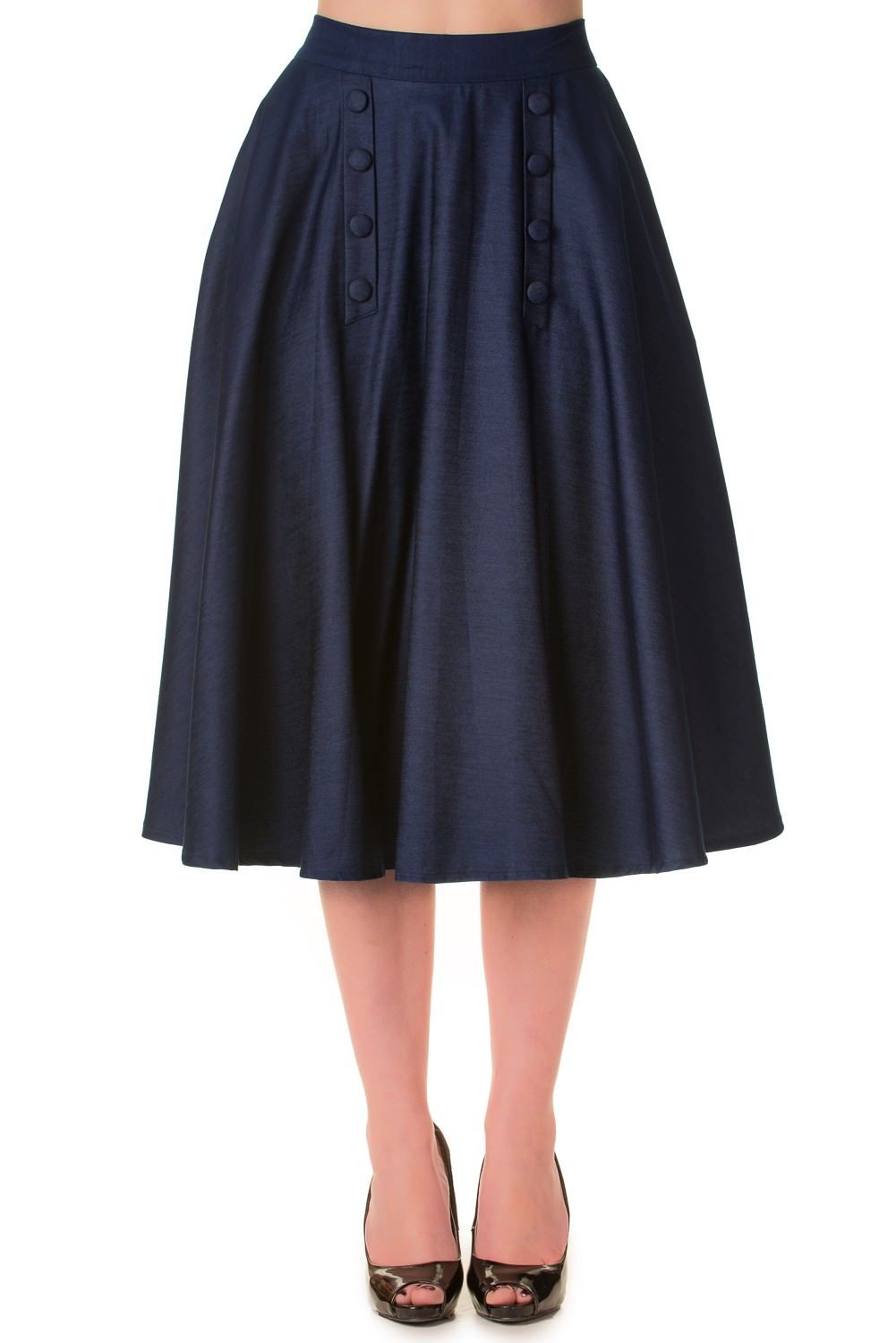 Bottoms Vintage Style High Waist Denim Double Button Panel A Line Midi Skirt