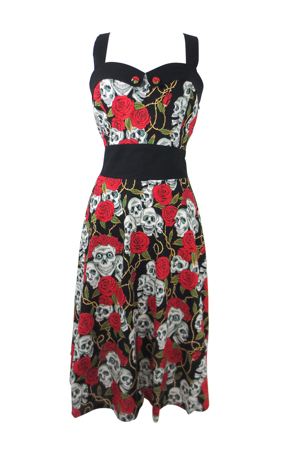 Dresses 50s Retro Rockabilly Love Black Skulls & Red Roses Print Party Dress