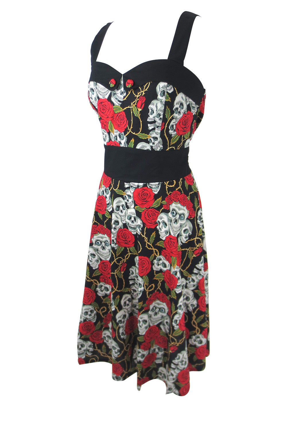 Dresses 50s Retro Rockabilly Love Black Skulls & Red Roses Print Party Dress