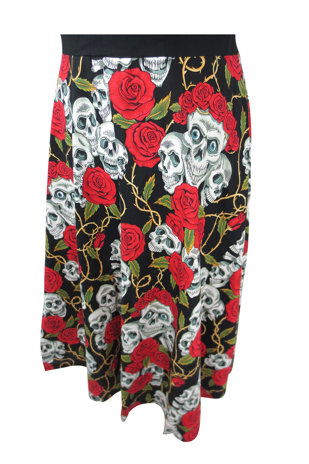 Dresses 50s Retro Rockabilly Love Black Skulls & Red Roses Print Party Dress