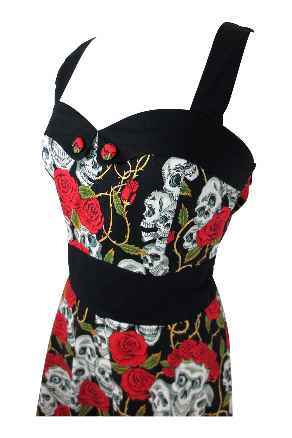Dresses 50s Retro Rockabilly Love Black Skulls & Red Roses Print Party Dress