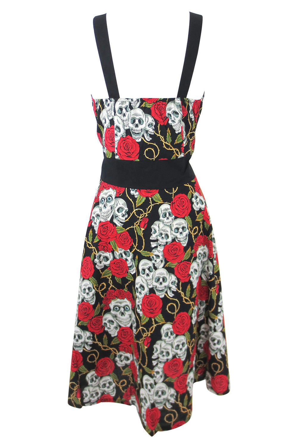 Dresses 50s Retro Rockabilly Love Black Skulls & Red Roses Print Party Dress