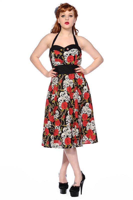 Dresses 50s Retro Rockabilly Love Black Skulls & Red Roses Print Party Dress