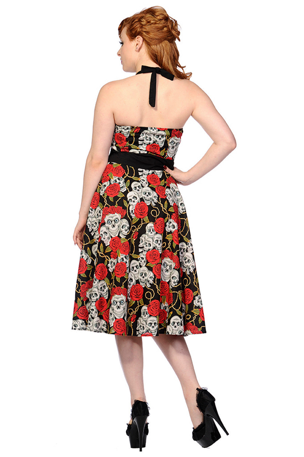 Dresses 50s Retro Rockabilly Love Black Skulls & Red Roses Print Party Dress
